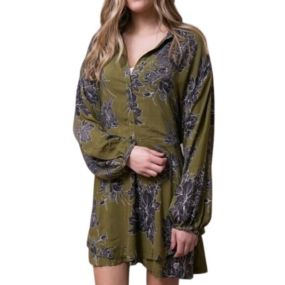 Free People Olive Green Floral Button-Front Dress